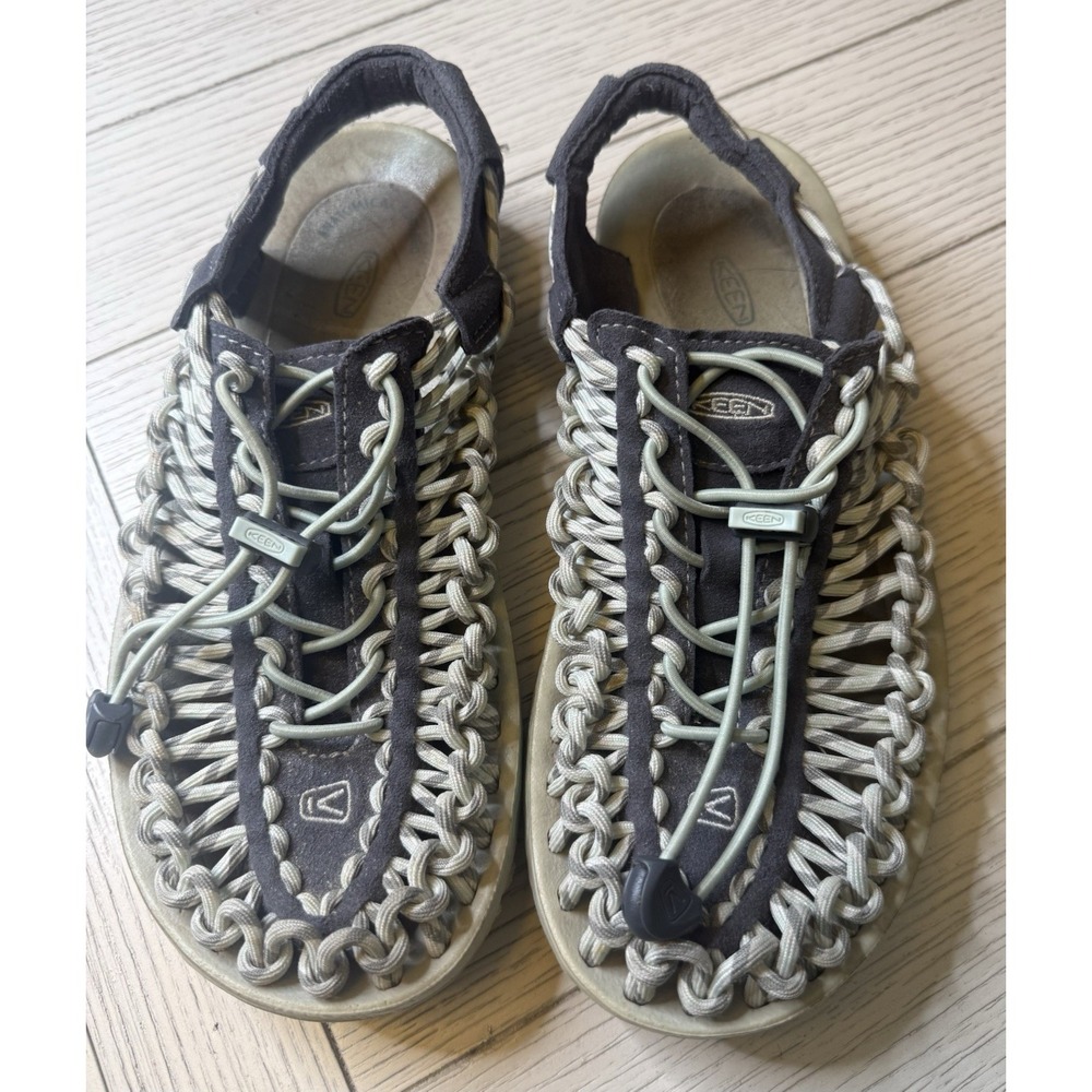 KEEN Women's Size 7 Uneek Classic Two Cord Sandal Gray White Lt Aqua Blue Hiking
